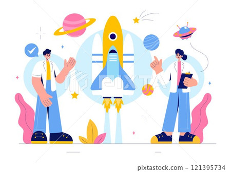 Astronomy Vector Illustration featuring People Observing a Starry Night Sky with Galaxies and Planets in Outer Space Using Telescopes in a Background 121395734