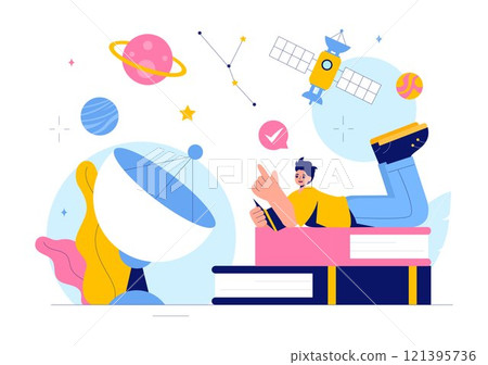 Astronomy Vector Illustration featuring People Observing a Starry Night Sky with Galaxies and Planets in Outer Space Using Telescopes in a Background Astronomy Vector Illustration featuring People Observing a Starry Night Sky with Galaxies and Planets in Outer Space Using Telescopes in a Background 121395736