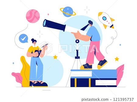 Astronomy Vector Illustration featuring People Observing a Starry Night Sky with Galaxies and Planets in Outer Space Using Telescopes in a Background 121395737