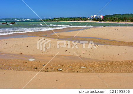 海岸沙灘的自然風景和飯店建築物 121395806
