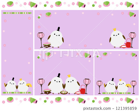 Cute long-tailed tit and Hinamatsuri background set of 4 121395859