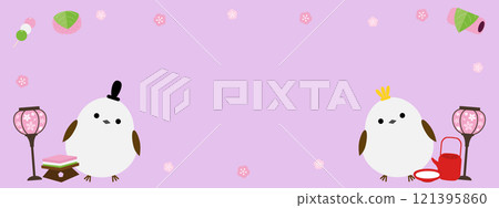 Cute long-tailed tit and Hinamatsuri banner 121395860