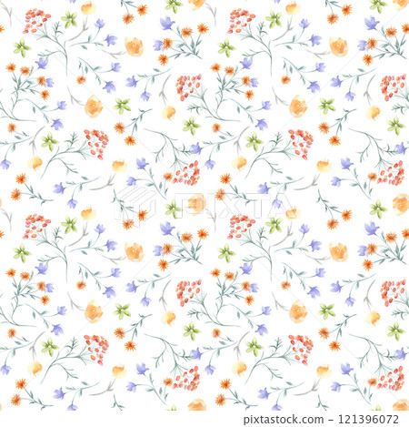 Delicate flowers, herbs soft orange, blue colors watercolor seamless pattern isolated. Abstract meadow blooms on repeated background hand drawn. Simple botanical texture for textile, wallpaper. 121396072