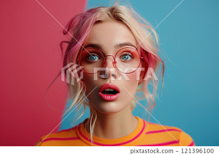 Joyful, very surprised young American woman with big amazed eyes and surprised mouth, with intense makeup, red lips, hair styling and red glasses. Live emotions. Idea for advertising. Banner 121396100