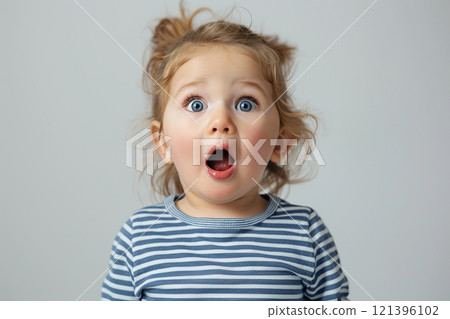 A little girl of three years old with a surprised expression on her face, as if she was seeing something exciting and surprising. Advertising concept for toys, video games and cartoons. Copy space 121396102