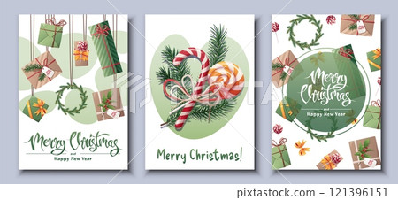 Set of Christmas, greeting cards. Merry Christmas and Happy New Year. Poster, banner with fir branches, gifts and decorations Set of Christmas, greeting cards. Merry Christmas and Happy New Year. Poster, banner with fir branches, gifts and decorations 121396151