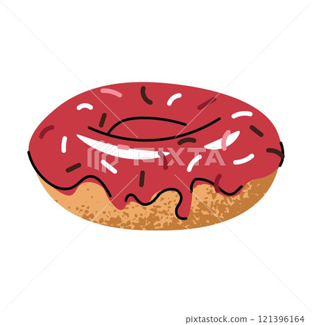 Sweet whole donut, doughnut ring with strawberry icing and candy sprinkles. Flat cartoon illustration isolated on white background Sweet whole donut, doughnut ring with strawberry icing and candy sprinkles. Flat cartoon illustration isolated on white background 121396164