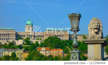 Stone lions of the Széchenyi Chain Bridge and the Hungarian National Museum Stone lions of the Széchenyi Chain Bridge and the Hungarian National Museum 121396444