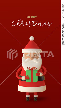 3d Cheerful cartoon Santa Claus holding green gift against a red background, radiating joy and festive vibes. Vector banner for Christmas themed designs. Handwritten Merry Christmas text 3d Cheerful cartoon Santa Claus holding green gift against a red background, radiating joy and festive vibes. Vector banner for Christmas themed designs. Handwritten Merry Christmas text 121396484