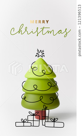 3D illustration of a minimalist Christmas tree with line art elements and handwritten Merry Christmas text. Features doodle-style lights and star, ideal for holiday cards and festive designs 3D illustration of a minimalist Christmas tree with line art elements and handwritten Merry Christmas text. Features doodle-style lights and star, ideal for holiday cards and festive designs 121396513