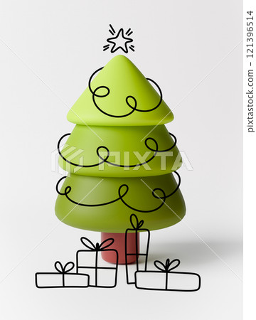 Modern 3D Christmas tree with sleek design, decorated with minimalist line art elements, including gifts and star. Handwritten style adds festive, creative touch. Perfect for holiday ads Modern 3D Christmas tree with sleek design, decorated with minimalist line art elements, including gifts and star. Handwritten style adds festive, creative touch. Perfect for holiday ads 121396514