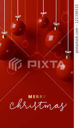 3D Christmas vertical label on a red background featuring a realistic red Christmas tree ball in 3D style. Delicate line art drawings of balloons complement the design. Handwritten lettering 3D Christmas vertical label on a red background featuring a realistic red Christmas tree ball in 3D style. Delicate line art drawings of balloons complement the design. Handwritten lettering 121396515