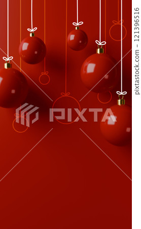 3D Christmas vertical label on a red background featuring a realistic red Christmas tree ball in 3D style. Delicate line art drawings of balloons complement the design. Perfect for holiday cards 121396516