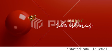 Christmas horizontal label, on red background with red Christmas tree ball in handwritten lettering texts. 3d render, banner. Ideal for holiday cards, designs, Christmas decorations and advertisements 121396518