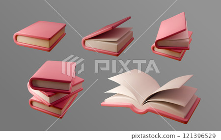 Set of 3D vector illustrations of pink books in different positions stacked, open, and closed. Perfect for education, reading, literature, library, study, or publishing related designs 121396529