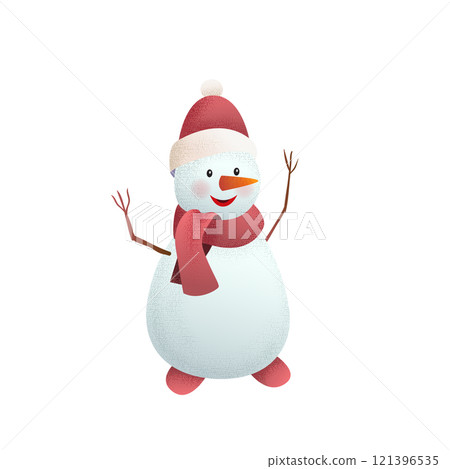 Charming 3D vector illustration of cheerful snowman wearing red scarf and Santa hat, with twig arms and bright orange carrot nose. Perfect for winter holidays, Christmas, and festive designs 121396535