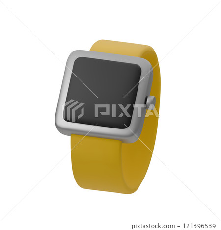 3D vector illustration of minimalist smartwatch with sleek design. The device has yellow band and square face, perfect for fitness and health tracking visuals, wearable technology, and mobile 3D vector illustration of minimalist smartwatch with sleek design. The device has yellow band and square face, perfect for fitness and health tracking visuals, wearable technology, and mobile 121396539