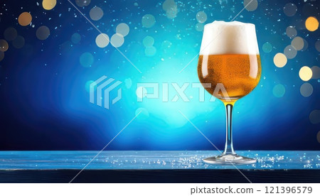 AI image: Blue background and beer poured into a glass AI image: Blue background and beer poured into a glass 121396579