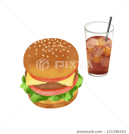 Watercolor illustration of a hamburger and cola 121396583