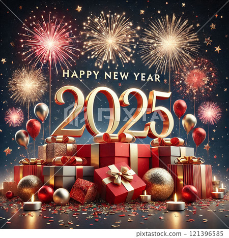 2025 HAPPY NEW YEAR decorated with fireworks and presents 121396585