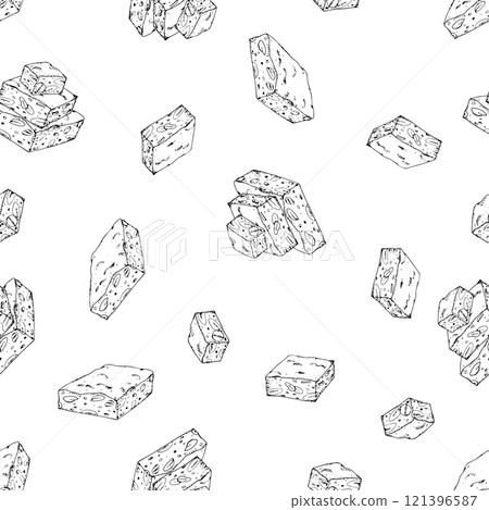 Hand drawn vector seamless pattern of stacked nougat pieces with visible almonds and nuts. Traditional Christmas sweet turron. Ideal for dessert, confectionery packaging and holiday-themed designs 121396587