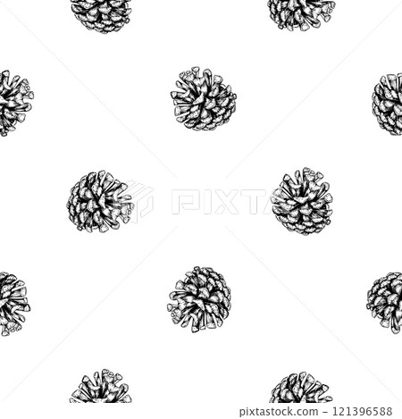 Pine, fir, cedar cone, spruce apple. Vector seamless pattern hand drawn with ink. Element of coniferous, evergreen forest tree. Decorative clipart for Christmas, New Year prints, eco goods, packaging Pine, fir, cedar cone, spruce apple. Vector seamless pattern hand drawn with ink. Element of coniferous, evergreen forest tree. Decorative clipart for Christmas, New Year prints, eco goods, packaging 121396588
