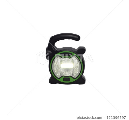 Black flashlight isolated on white background. Black Battery-powered flashlight top view 121396597