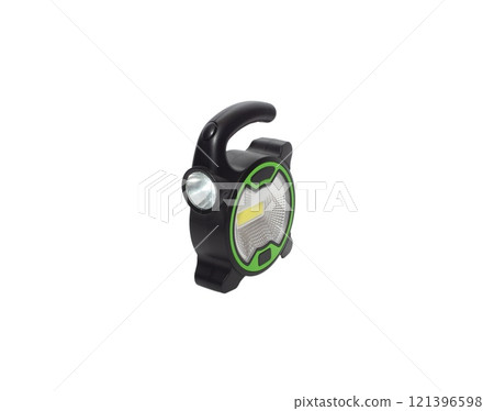 Black flashlight isolated on white background. Black Battery-powered flashlight top view Black flashlight isolated on white background. Black Battery-powered flashlight top view 121396598