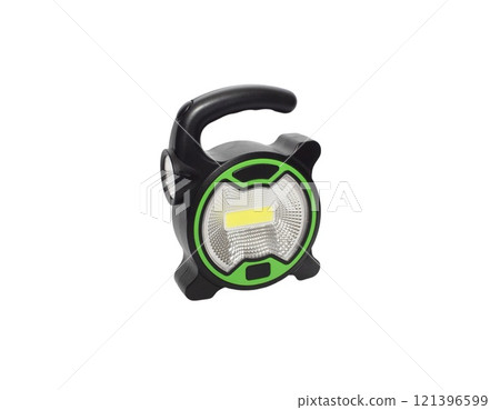 Black flashlight isolated on white background. Black Battery-powered flashlight top view Black flashlight isolated on white background. Black Battery-powered flashlight top view 121396599
