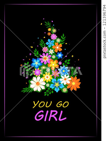 Retro flowers groovy bouquet, girl slogan 121396794