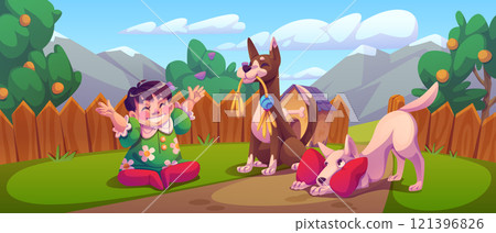 Playful kid sitting on backyard garden with dogs 121396826