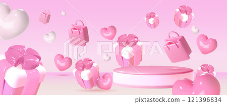 Pink round podium surrounded by floating presents 121396834
