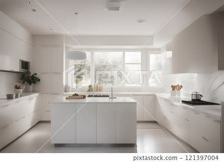 A modern kitchen with a minimalist design featuring pale gray cabinets, a light wooden floor, and marble backsplash. The clean lines and uncluttered surfaces, along with subtle lighting, give the A modern kitchen with a minimalist design featuring pale gray cabinets, a light wooden floor, and marble backsplash. The clean lines and uncluttered surfaces, along with subtle lighting, give the 121397004