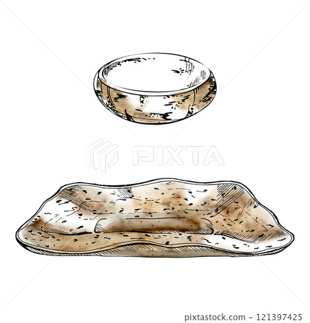 Ceramic plate dish bowl tray, for hobby, handmade, food. Hand drawn in watercolor and ink. Isolated illustration for pottery shop logo, art class, print, website, restaurant or cafe menu, booklet. Ceramic plate dish bowl tray, for hobby, handmade, food. Hand drawn in watercolor and ink. Isolated illustration for pottery shop logo, art class, print, website, restaurant or cafe menu, booklet. 121397425