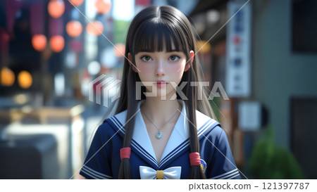 街上的高中女孩 — 穿著整潔水手服的肖像 121397787