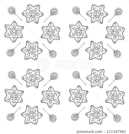 Merry Christmas treat, gingerbread snowflake with icing, lollipop, candy. Vector hand drawn seamless pattern with ink. Symbol of winter mood. New Year sweetness for bakery packaging, printing, gifts Merry Christmas treat, gingerbread snowflake with icing, lollipop, candy. Vector hand drawn seamless pattern with ink. Symbol of winter mood. New Year sweetness for bakery packaging, printing, gifts 121397962