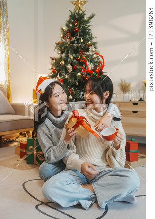 Two friends decorated Christmas tree at home. Two friends decorated Christmas tree at home. 121398263