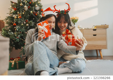 Two friends decorated Christmas tree at home. Two friends decorated Christmas tree at home. 121398266