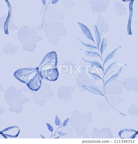 Seamless watercolor pattern in blue with butterfly, eucalyptus branches, bow amd watercolor spots on a blue background 121398352