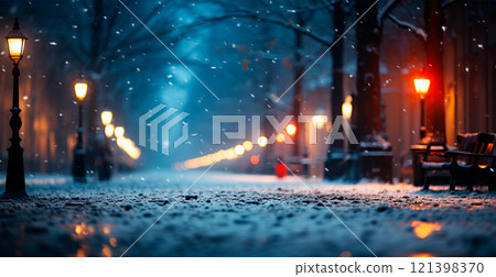 Night snowy Christmas Moscow, New Year holiday, blurred background - AI generated image 121398370