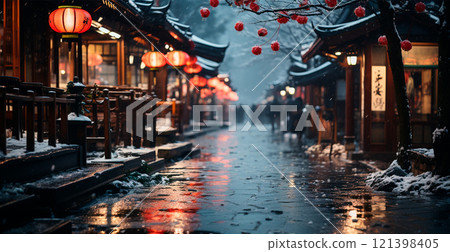 Night snowy Christmas Japan, New Year holiday, blurred background - AI generated image 121398405