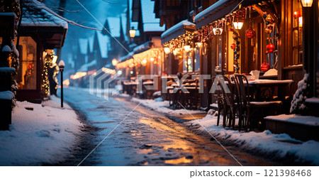 Night snowy Christmas Switzerland, New Year holiday, blurred background - AI generated image Night snowy Christmas Switzerland, New Year holiday, blurred background - AI generated image 121398468