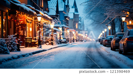 Night snowy Christmas Switzerland, New Year holiday, blurred background - AI generated image Night snowy Christmas Switzerland, New Year holiday, blurred background - AI generated image 121398469