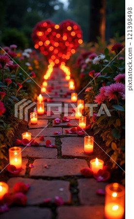 Romantic candlelit path with heart-shaped lights at night. 121398498