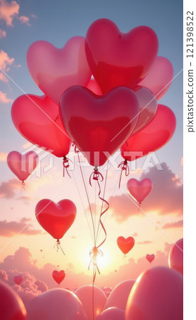 Heart-shaped balloons floating at sunset in the sky. 121398522