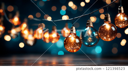 Festive bright colored Christmas garland on blurred bokeh background, New Year banner - AI generated image 121398523