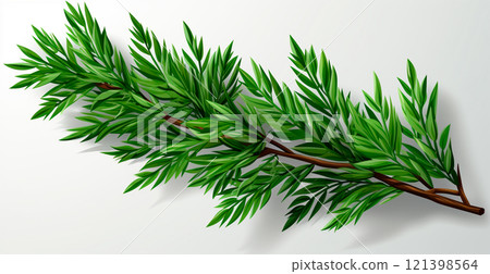 Top view of green fir branch, fir tree with needles isolated on white background - AI generated image Top view of green fir branch, fir tree with needles isolated on white background - AI generated image 121398564