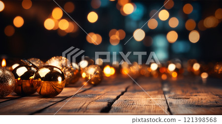 Panoramic Christmas background, bright beautiful New Year's balls on a blurred background - AI generated image 121398568