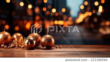 Panoramic Christmas background, bright beautiful New Year's balls on a blurred background - AI generated image 121398569