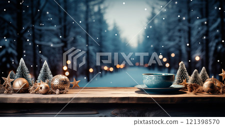 Panoramic Christmas background, bright beautiful New Year's balls on a blurred background - AI generated image 121398570